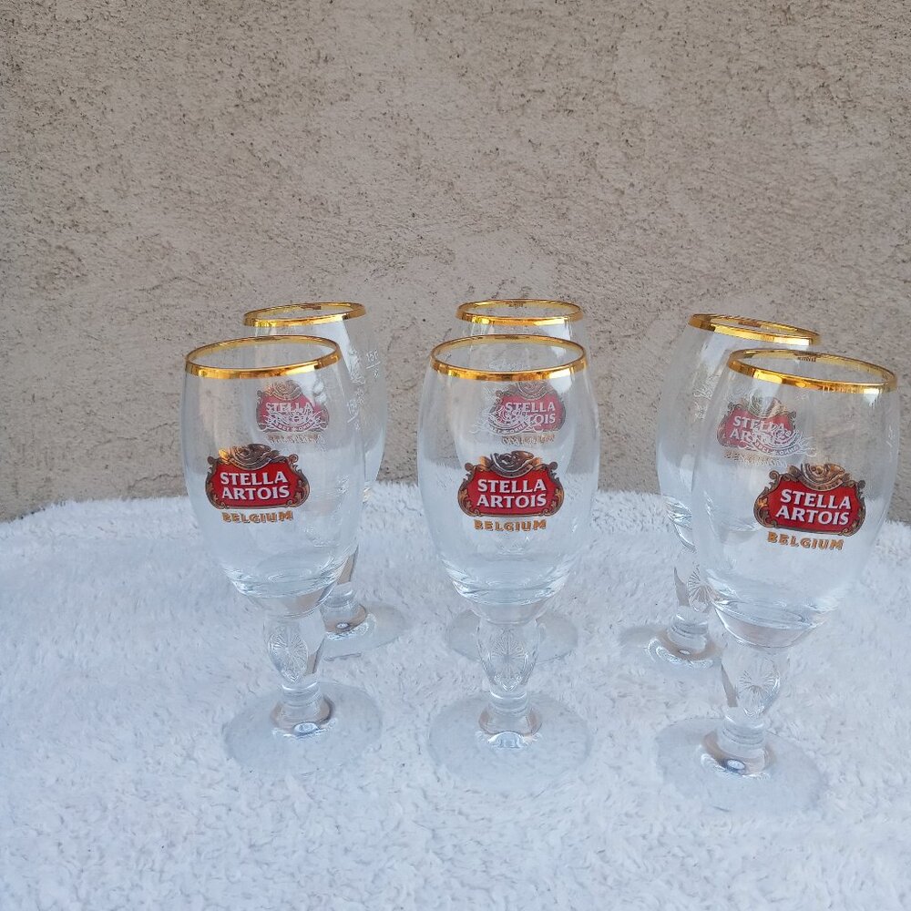 STELLA ARTOIS BELGIUM ANNO 1366 CLEAR GOLD SET OF 6 CUPS